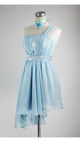 Single Shoulder Asymmetric Teal Chiffon And Satin Wedding Bridesmaid Dress KSP002