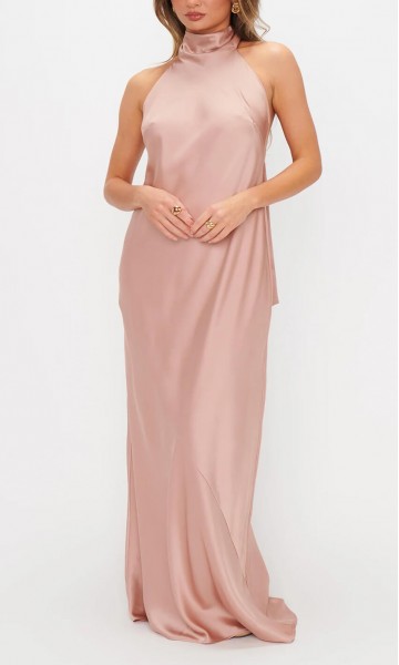 Blush Pink Satin Maxi Bridesmaid Dress with Bowknot Tie Halter Neck KSP676