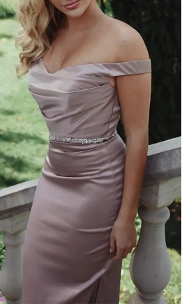 Champagne satin mermaid bridesmaid dress front view