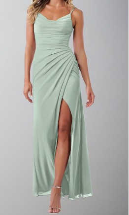 Sage Green Pleated Chiffon Maxi Bridesmaid Dress With Straps KSP684
