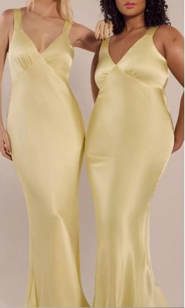 Long butter yellow satin sheath bridesmaid dress with V-neck and empire waist KSP675