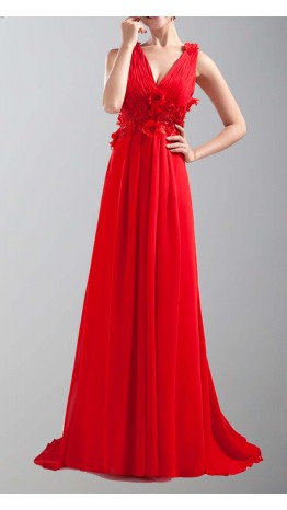 Floral V-neck Red Floor Length Prom Dresses KSP045