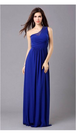 Navy Beaded One Shoulder Flowly Long Prom Gowns KSP053