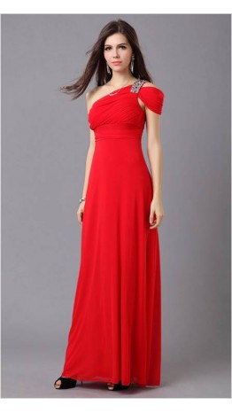 One Shoulder And Sleeve Red Formal Dress KSP057