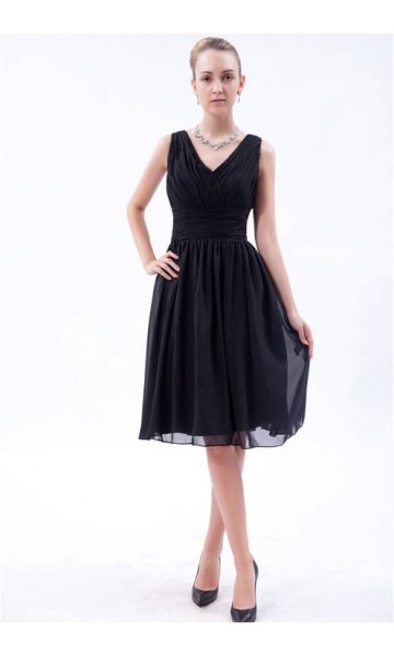 Classic V-neck Little Black Dresses with Pleated KSP231