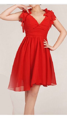 Red Chiffon V-neck Floral Open-Back Prom Dresses KSP006