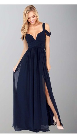 Dark Blue Off Shoulder Slit Sexy Maxi Dresses KSP246