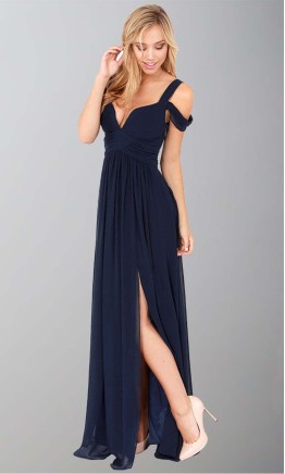 Long navy blue off-shoulder maxi dress with high leg slit for prom and bridesmaid KSP246