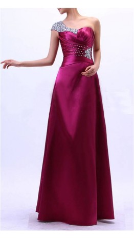 One Shoulder Beaded Purple Long Satin Evening Dress KSP103