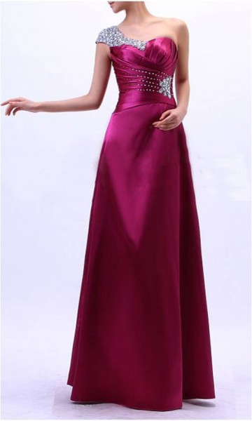 One Shoulder Beaded Purple Long Satin Evening Dress KSP103