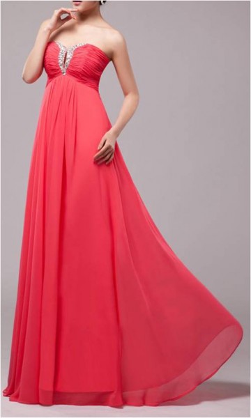 Hot Pink Strapless Beaded Long Chiffon Keyhole Prom Dress KSP114