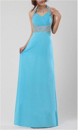 Blue Halter Long Beaded Prom Dress KSP124
