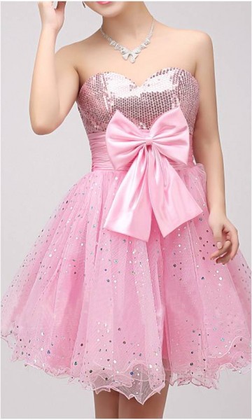 cute sequined bowknot short pink prom dress