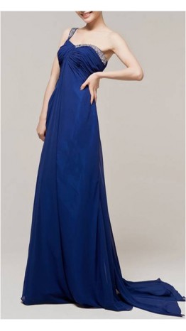 Beaded One-Shoulder Blue Long Chiffon Evening Dress KSP139