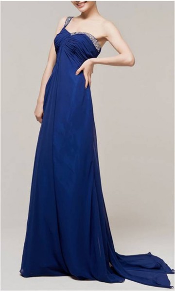 Beaded One-Shoulder Blue Long Chiffon Evening Dress KSP139