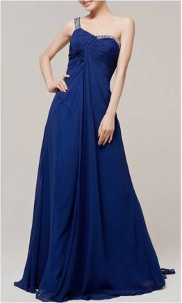 Beaded One-Shoulder Blue Long Chiffon Evening Dress KSP139