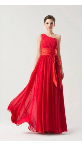 Elegant Red One Shoulder Long Chiffon Prom Dresses KSP149