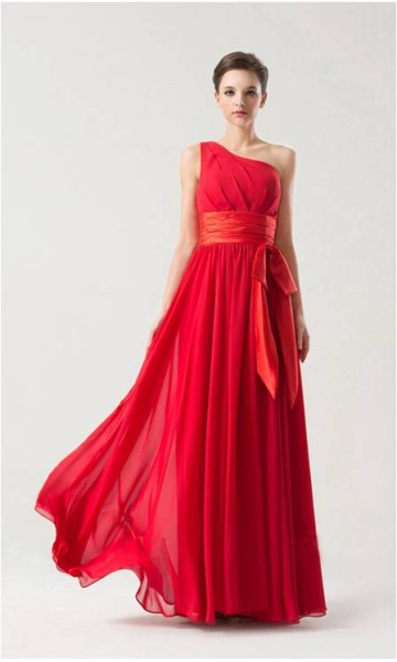 Elegant Red One Shoulder Long Chiffon Prom Dresses KSP149