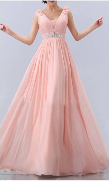 Flower Shoulder Belt V-neck Long Chiffon Prom Dress KSP166