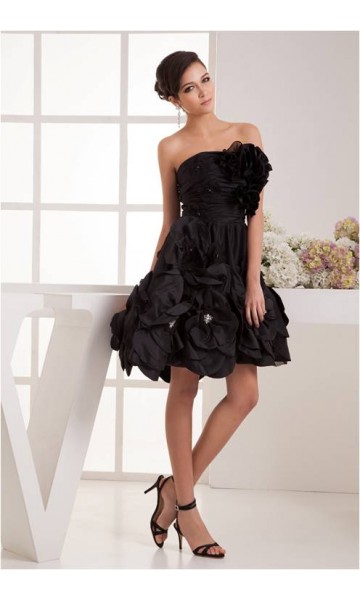 Floral Black Strapless Taffeta Prom Dresses KSP191