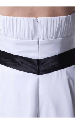 Short white strapless bridesmaid dress with contrasting black waist belt and bowknot KSP218