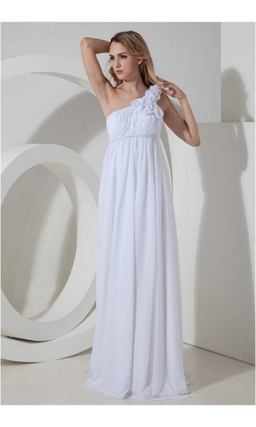 White Flowers One Shoulder Grecian Goddess Formal Dresses KSP232