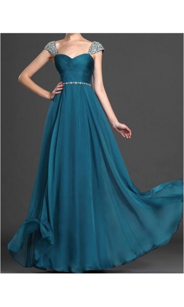 Cap Beading Sleeves Chiffon Long Prom Dresses KSP265