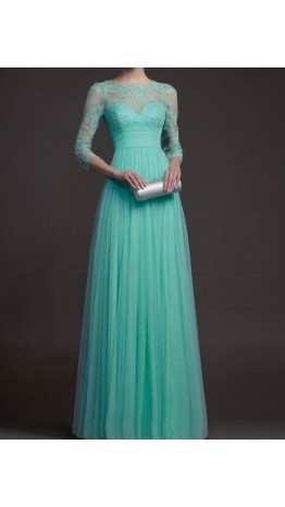 Three quarters sleeves Lace Applique 2015 Long Prom Dresses KSP269