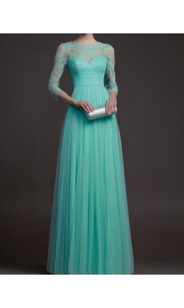 Three quarters sleeves Lace Applique 2015 Long Prom Dresses KSP269