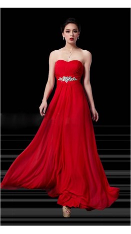 Red Beaded Strapless Chiffon Prom Dresses KSP133