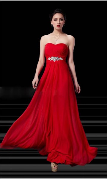 Red Beaded Strapless Chiffon Prom Dresses KSP133