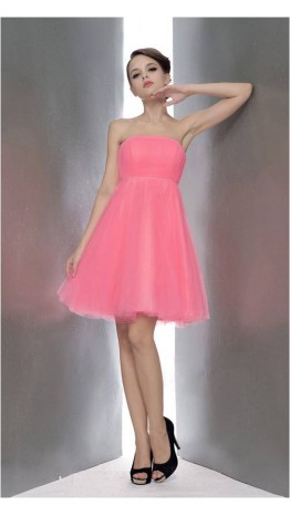 Short A-line Tulle Strapless Neon Pink Prom Homecoming Dress KSP142