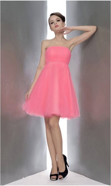 Short A-line Tulle Strapless Neon Pink Prom Homecoming Dress KSP142