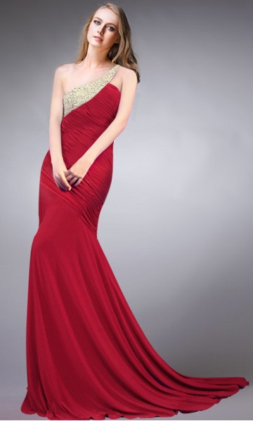Red Mermaid One Shoulder Long Prom Dresses KSP157