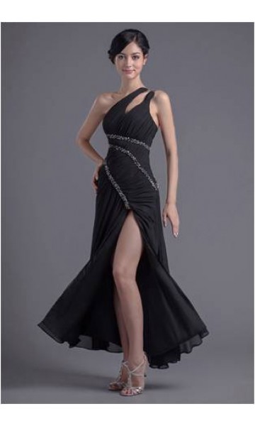 Side Slit Black Draped Long Prom Dresses KSP182