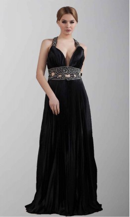 Halter Plunging Neck Sexy Black Long Formal Dresses KSP193