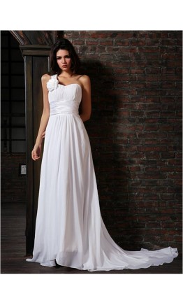 One Shoulder Train Flower Prom Party Dress KSP209