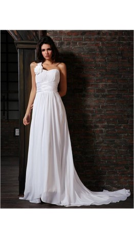 One Shoulder Train Flower Prom Party Dress KSP209
