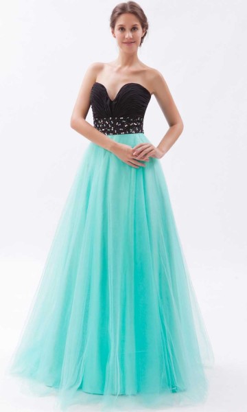 Black And Teal Organza Long Princess Prom Dresses KSP264