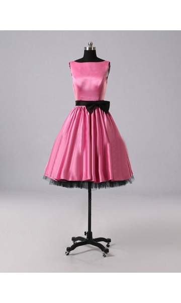Bateau Pink Short Satin BowKnot Retro Bridesmaid Gowns KSP278