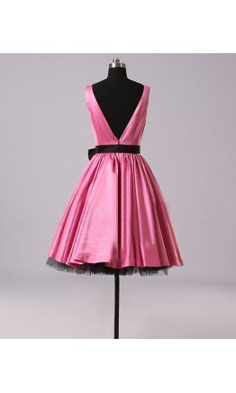 Retro pink satin short bridesmaid dress with bateau neckline and decorative back bowknot KSP278