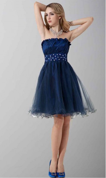 Strapless Blue Cheap Short Taffeta and Tulle Prom Dresses KSP299