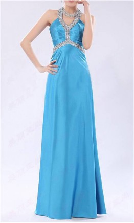Sky Blue Halter Neck Floor Length Satin Prom Dress KSP168