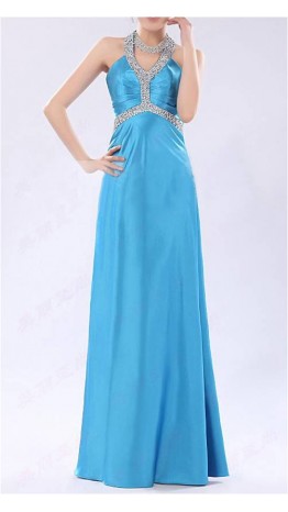 Sky Blue Halter Neck Floor Length Satin Prom Dress KSP168