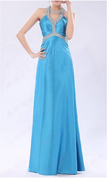 Sky Blue Halter Neck Floor Length Satin Prom Dress KSP168
