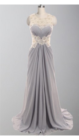 Round Gray Lace Flower Ruching Long Formal Dresses KSP304