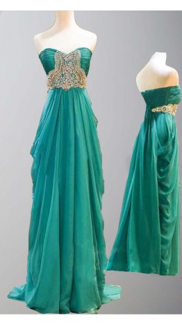 Green Ruffle Sweep Train Beading Prom Dresses KSP312