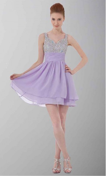 Short Straps Sequin Bodice Purple Cocktail Dresses KSP321