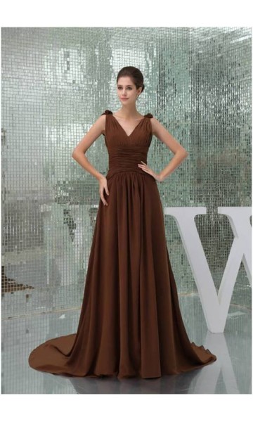 Goddess Pleated Brown Full Length V-neck Formal Dress KSP229