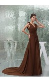 Goddess Pleated Brown Full Length V-neck Formal Dress KSP229